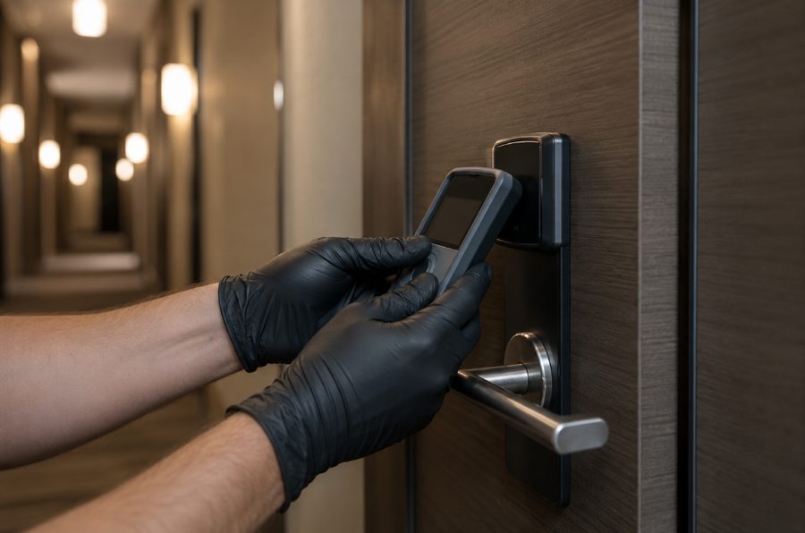 Cerrajero con guantes trabajando en la cerradura electrónica de una puerta